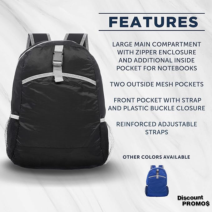 DISCOUNT PROMOS Lightweight Travel Packable Backpacks Set of 6, Bulk Pack - Perfect for Camping, Outdoor Sports - Black