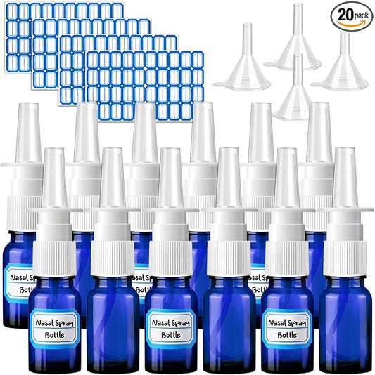 20 Pcs Nasal Spray Bottle, 10ML/0.35OZ 12 Pcs Glass Bule Refillable Empty Nasal Spray Bottles with 4 Pcs Funnels and 4 Pcs Labels