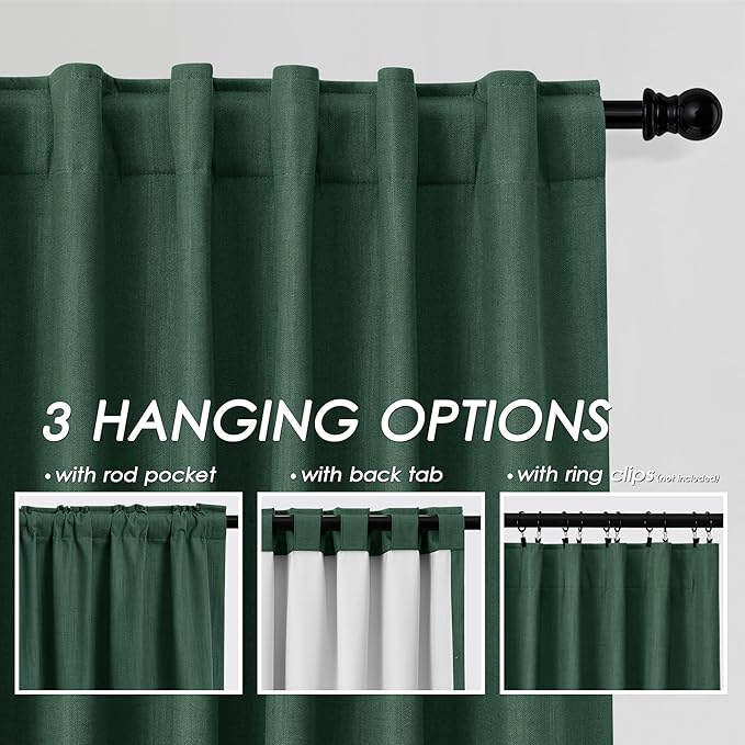 100% Blackout Linen Curtains 102 Inches Long 2 Panels Set for Bedroom Green Back Tab Black Out Curtain Modern Urban Noise Cancelling Total Light Blocking Window Curtains 102 Length 52X102 Inches