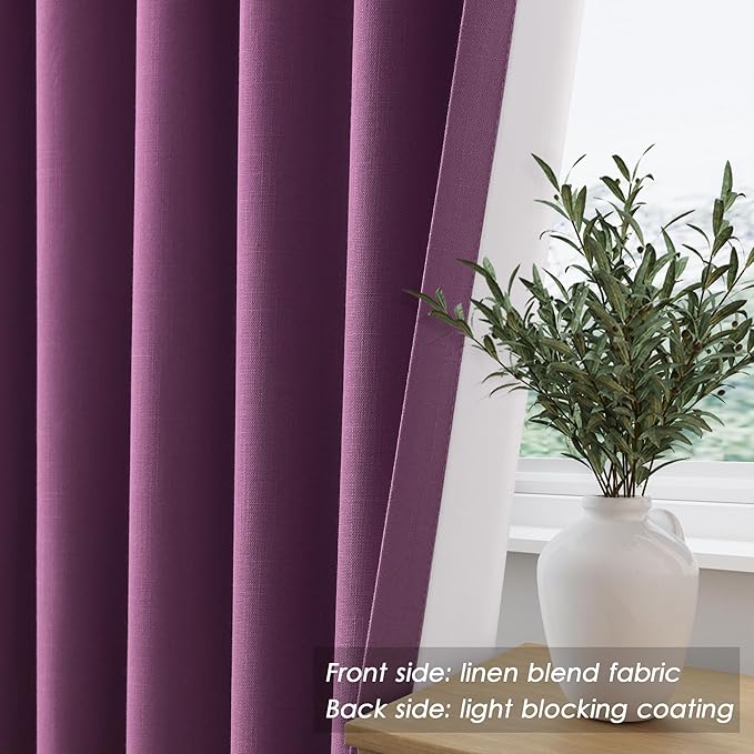 Nanspring Purple Linen Blackout Curtains 72 inch Length for Living Room Boho Farmhouse Back Tab Rod Pocket Thermal Insulated Textured Living Room Blackout Curtains 2 Panels Set 52x72 Inch