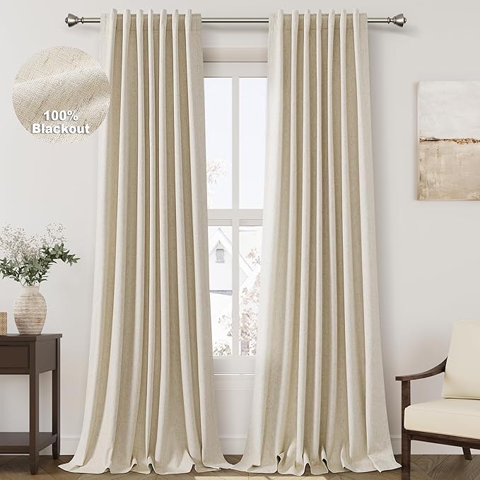 Beige Blackout Linen Curtains 94 inch Length 2 Panels for Living Room Oatmeal Pinch Pleated Black Out Drapes Farmhouse Rustic Room Darkening Total Blackout Window Curtain Bedroom 94 inches Long