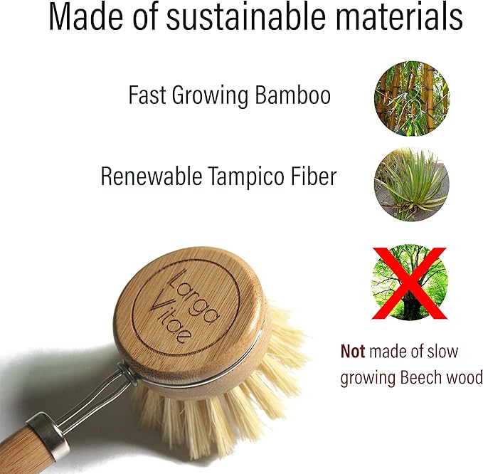 Larga Vitae Wooden Dish Brush Made of Renewable Bamboo Wood and Natural Bristle Tampico Fiber, includes 5 Replacement Brush Heads, Durable, Long Lasting, All Purpose Kitchen Scrubber