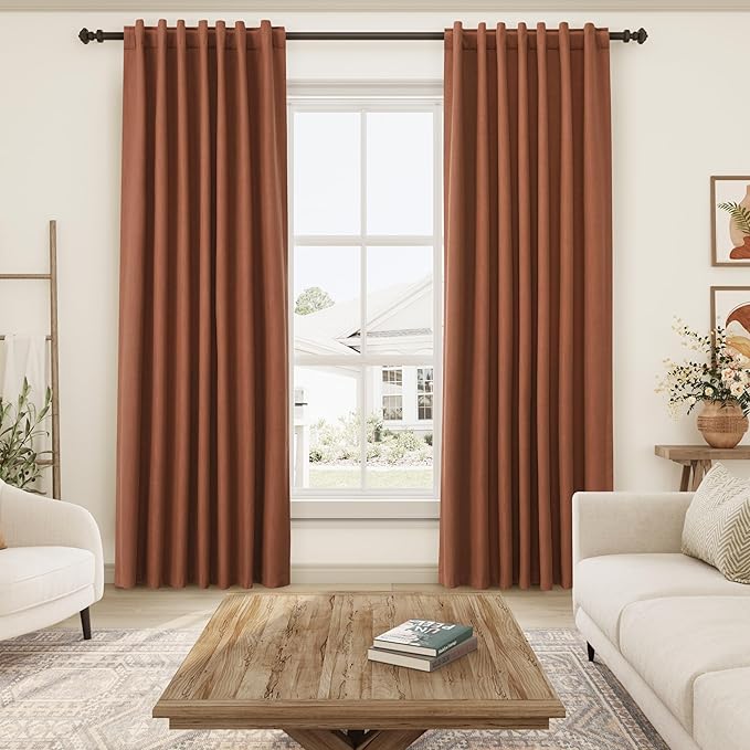 100% Blackout Linen Curtains 84 Inch Length 2 Panels Terracotta Light Blocking Darkening Living Room Curtains 84 Inches Long Elegant Modern Back Tab Pocket Noise Reducing Drapes for Nursery 52X84