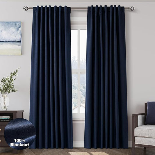Navy Blue Linen Blackout Curtains 86 Inches for Bedroom Pinch Pleated Modern Living Room Draperies 86 Length 2 Panels Energy Saving Thermal Insulated Dark Blue Black Out Curtains with White Backing