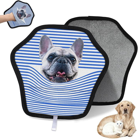 XIOBODR Personalized Pet Hair Remover Glove for Dogs & Cats - Custom Photo & Name Magic Brush for Dog Cat Hair Removal, Reusable Electrostatic Pet Hair Gloves for Furniture Carpet Couch, Blue Stripe