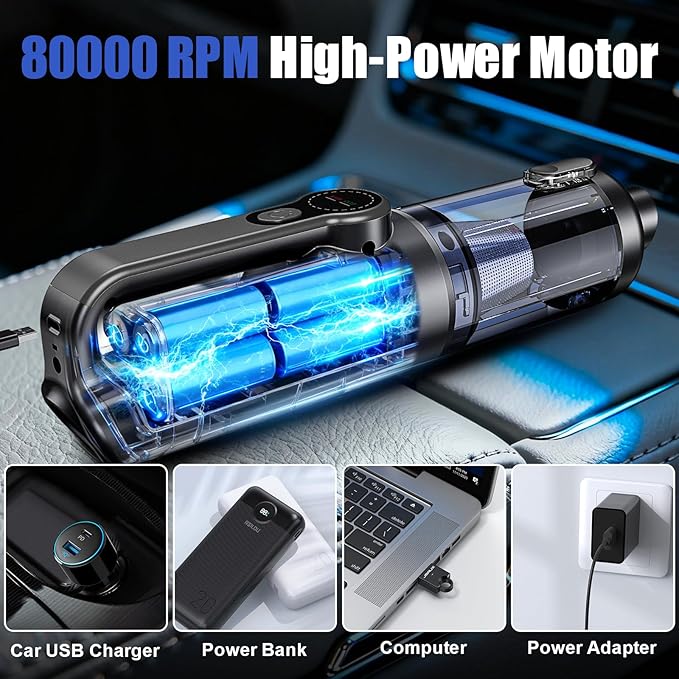 AOPIRDT Car Vacuum Portable Cordless-19000 Pa 4 in 1 Handheld Vacuum Cordless Brushless Motor with LED Light and Multi-Nozzles, One-Touch dust Removal for Car, Home, Office, Pet, Black