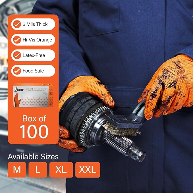 1st Choice 6 mil Orange and Green Nitrile Gloves, Disposable, Latex Free Raised Diamond Grip Mechanic Glove for Men and Women