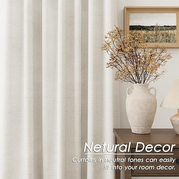 Beige White Linen Blackout Curtains 90 Inches Long Loop Pocket Rod Pocket Heat Reducing Noise Reducing Total Blackout 2 Panels Set for Sliding Door Boho Farmhouse Curtains Drapes 52x90