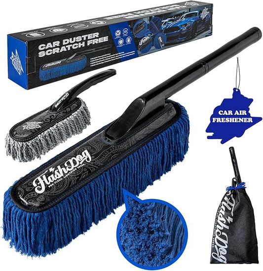 Flash Dog Wood Handle Car Duster Exterior + Mini Interior Brush Waterless Exterior Scratch-Free Cleaning for Cars/SUV/Truck/RV & Dash Detailing | Waxed Cotton & Microfiber