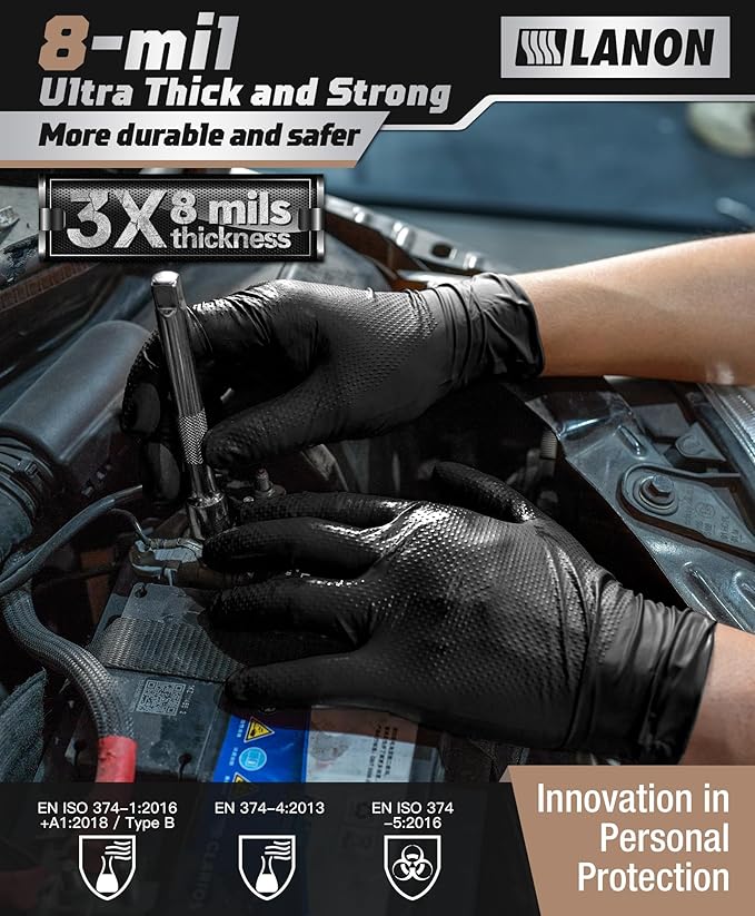 LANON 8 Mil Heavy Duty Black Nitrile Gloves, Food Safe, Powder Free, Mechanic, Fully-Diamond Textured Grip Industrial Disposable Gloves, Medium