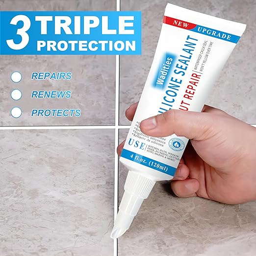 8Oz Clear Waterproof Caulk & Seal Silicone Sealant, Wadities Tile Grout Repair Kit with Grout Remove Scraper, Shrink & Crack Proof for Bathroom, Shower, Kitchen, Floor (4Oz, Pack of 2)