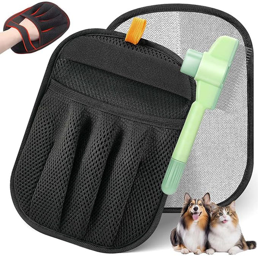 Jadesiegel 2-in-1 Flea Comb & Electrostatic Glove Set for Cats & Dogs | Removes Fleas, Tangles, Loose Hair & Dander | Bonus Pet Hair Remover for Furniture, Carpet & Bedding