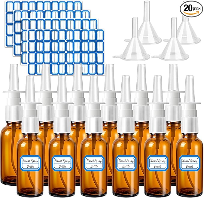 20 Pcs Nasal Spray Bottle, 30ML/1oz 12 Pcs Empty Refillable Fine Mist Glass Nasal Spray Bottle with 4 Pcs Funnels and 4 Pcs Labels…
