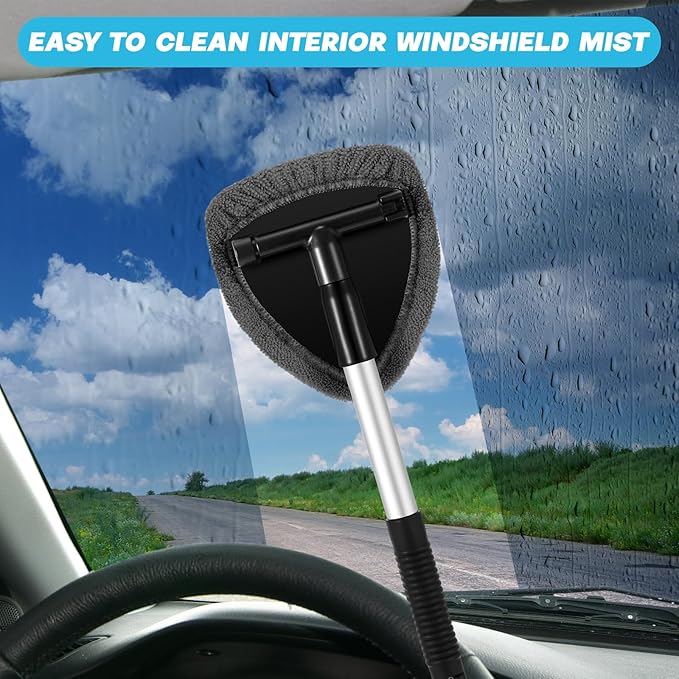 Baderke 10 Pcs Windshield Cleaner Tool Car Window Cleaning Supplies with Extendable Handle Include 6 Washable Microfiber Bonnets 2 Empty 60ml Spray Bottle Glass Wiper Kit (Gray)