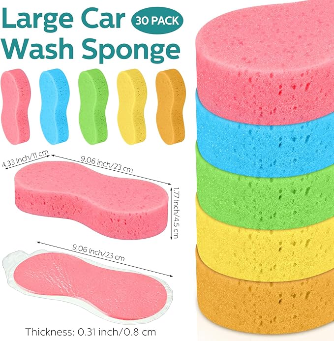 Dandat 30 Pcs Large Car Wash Sponge Multi Purpose Cleaning Scrubber Non Scratch Thick Dish Household Cleaning Sponge Foam Washing Pad Handy Scrubber for Car, Mix Colors