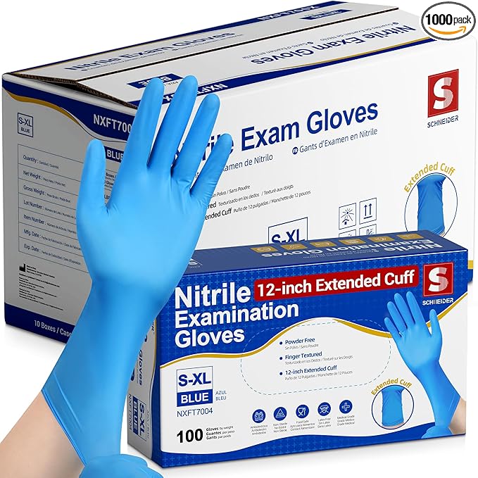 Schneider Nitrile Exam Gloves, Extended 12 Inches Cuff, X-Large, 1000-ct Box, 4 mil, Gloves Disposable Latex Free, Powder Free for Medical, Food Prep, Cleaning, Cooking, Blue