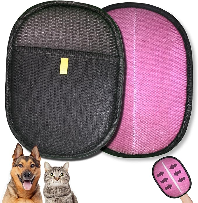 Pet Hair Removal Glove for Cats & Dogs - Reusable Electrostatic Pet Hair Remover Tool for Furniture, Couch, Carpet, Clothing & Car Seats - Pink and Black