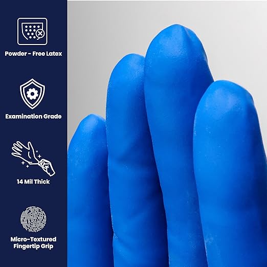 Adenna HER005 Hero 14 mil Powder-Free Latex Gloves, Extended Cuff, Medical Grade, Blue, Medium, Box of 50