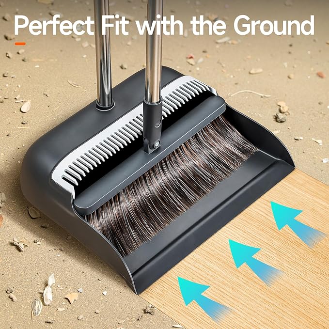 CTIME Broom and Dustpan Set, Extra Brush Head & 51.6" Adjustable Long Handle Standing Dustpan Set, with Dust Pan Teeth to Clean Pet Hair, Easy Sweeping Suitable for Home Kitchen Office Lobby