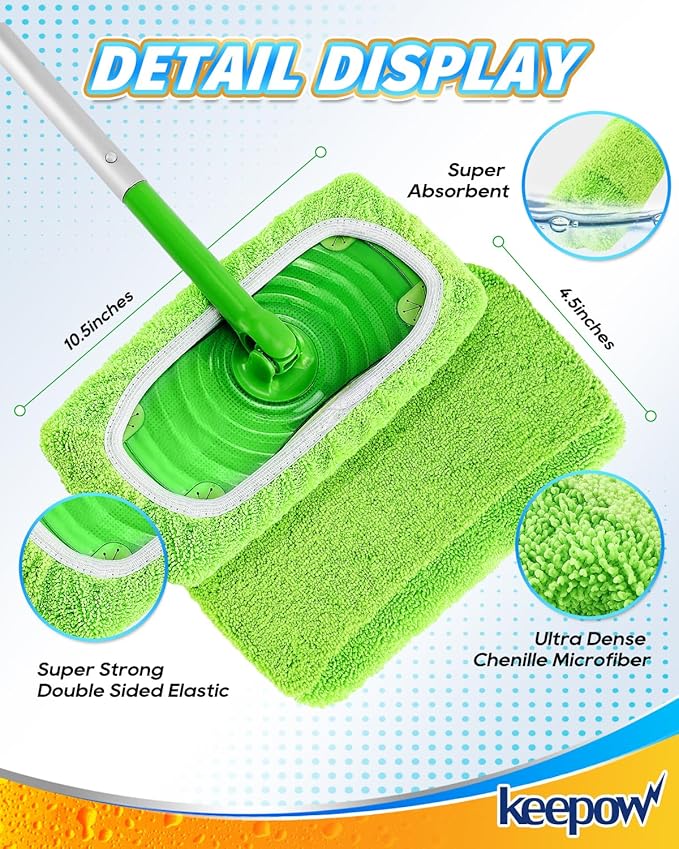 KEEPOW 6Pcs Reusable Microfiber Mop Pads Compatible with Sweeper Mop, Replacement Wet Mopping pad Refills & Washable Dry Sweeping Cloths for Surface/Hardwood Floor Cleaning