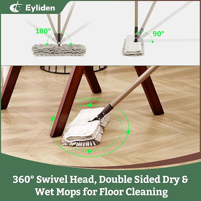 Eyliden Flip Dust Mop, Dual-Sided - One Side for Scrubbing, One Side for Dusting - Wet Dry Microfiber Mops for Hardwood Tile Laminate Ceramic Marble Floor Cleaning, 2pcs Reusable Pads