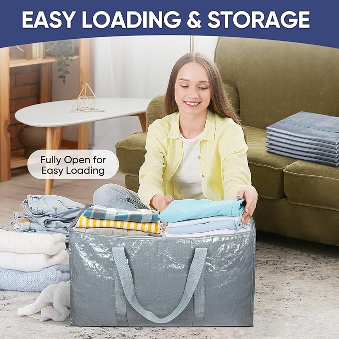 TICONN 6 Pack Extra Large Moving Bags with Zippers & Carrying Handles, Heavy-Duty Storage Tote Moving Boxes for Space Saving (6 Pack, Light Grey)