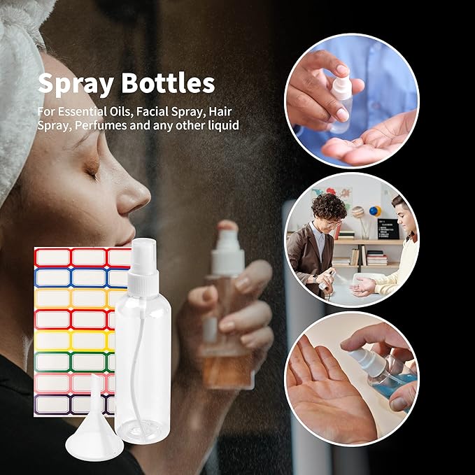 36 Pack Plastic Small Spray Bottles 4 oz/120 ml, Fine Mist Clear Empty Plastic Small Travel Spray Bottle, with 10 Funnels and 10 Labels