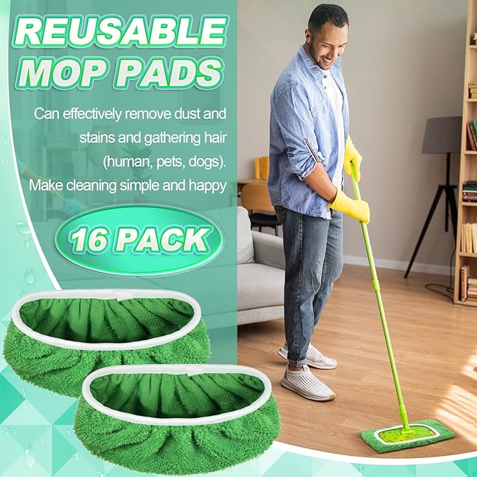 Nuogo 16 Packs Reusable Wet Mop Pads Refills Compatible with Swiffer Sweeper Mops Household Cleaning Tools for Wet & Dry Use(Green)