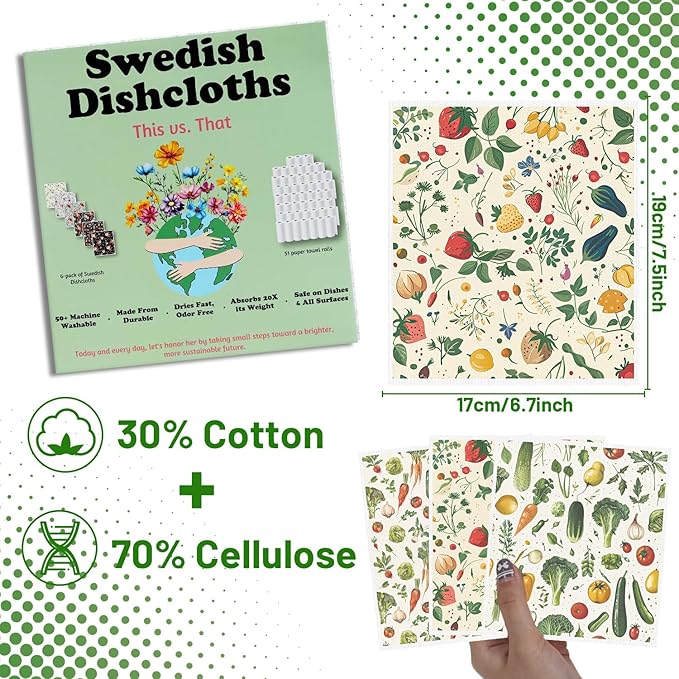 Vegetable Swedish Dishcloths for Kitchen - 6PCS Swedish Cloths for Washing Dishes, Carrot Pumpkin Reusable Dish Towels for Home, Washable Eggplant Onion Cleaning Sponge Gifts Quick Drying