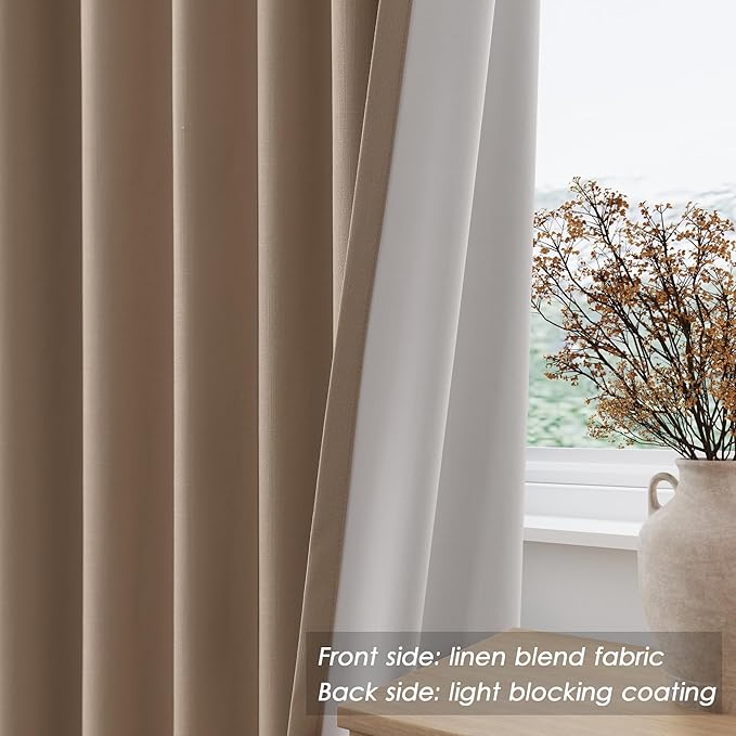 Nanspring Tan 100% Blackout Curtains 63 inches Long for Bedroom Boho Farmhouse Back Tab Rod Pocket Thermal Insulated Textured Short Room Darkening Curtains 2 Panels Set 52x63 Inches