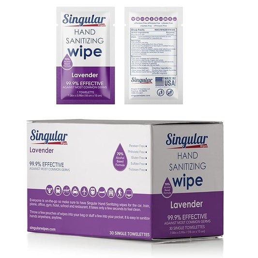 Hand Sanitizing Wipes Travel Size by Singular Wipes – 30ct Individually Wrapped | Lavender Scent, Moisturizing, 70% Alcohol Wipes | Travel, Office, School, Home | Made in USA