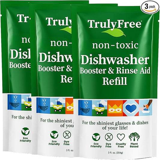 Truly Free Natural Dishwasher Booster & Rinse Aid - Non-Toxic Dishwashing Aid Formula, Removes Residue & Tough Dish Stains, Water Spot Remover - Pack of 3