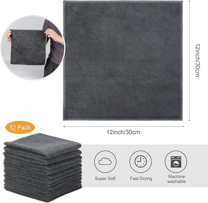 SINLAND Microfiber Cleaning Cloth Rag Super Absorbent Kitchen Dish Cloths Quick Dry No Streak Dish Rags Glass Cloths 12inchx12inch 12 Pack Grey
