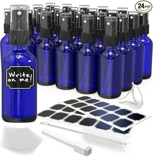 Nevlers 2 Oz Glass Spray Bottles Mist Sprayer 24 Pack | Cobalt Blue Glass Bottle Sprayer Set w/Shrink Wrap, Funnel, Brush, Marker, & Labels | Small Spray Bottles For Use as Hair Mister Spray Bottle