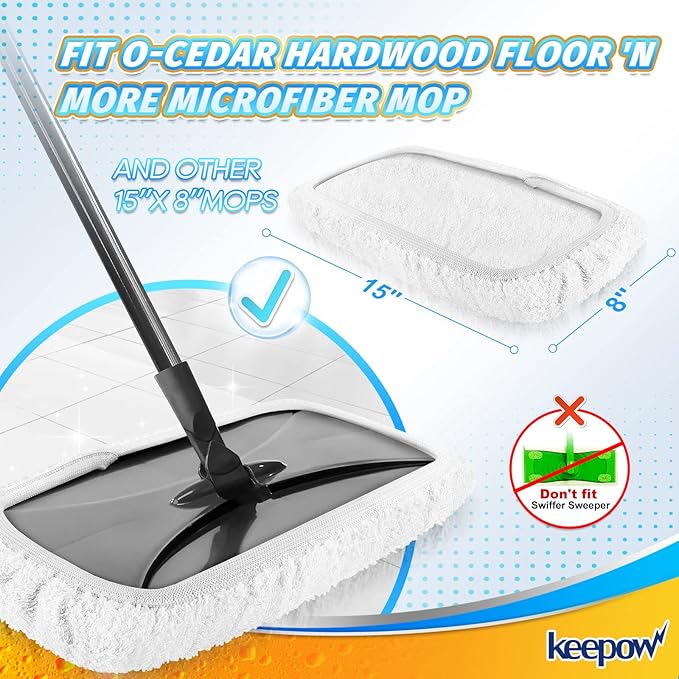 KEEPOW Reusable Mop Pads Compatible with O Cedar Hardwood Floor'N More Microfiber Mop, Mop Refill Heads Replacements for Wet and Dry Use, 15x8 Inch, 6 Pack