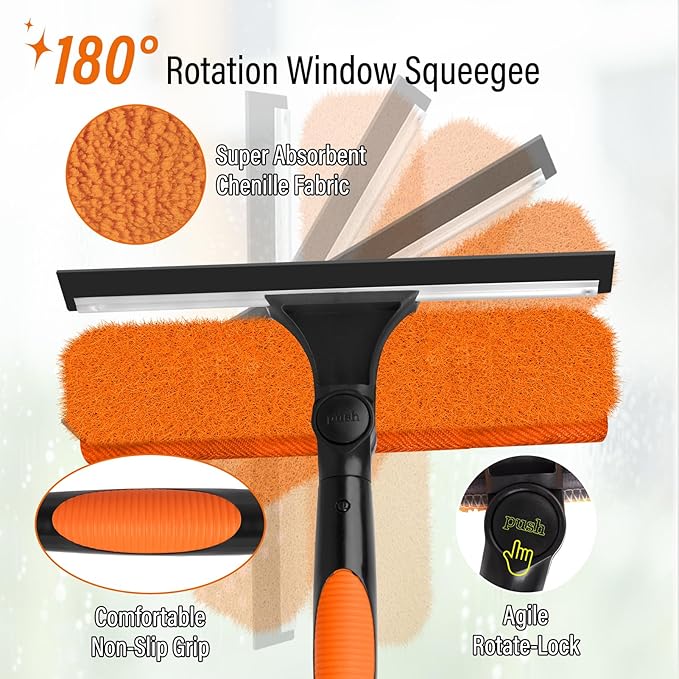 26FT High Window Cleaning Kit with Pole,2 in 1 Window Squeegee for Window Cleaning,5-20FT Professional Window Clean Pole Kit Include Replacement,180°Rotatable Squeegee for Indoor/Outdoor High Windows
