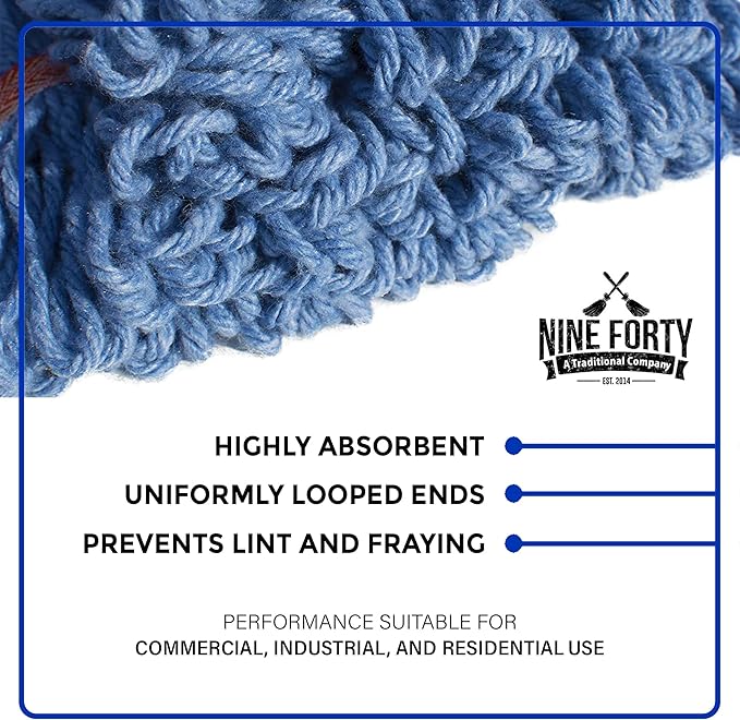 Nine Forty 12-Pack Industrial and Commercial-Grade Looped End Wet Mop Head Refill - Heavy Duty 20 Inch 4-Ply Premium Synthetic Yarn - for Optimal Absorption and Durability - Blue (12 Pack, Large)