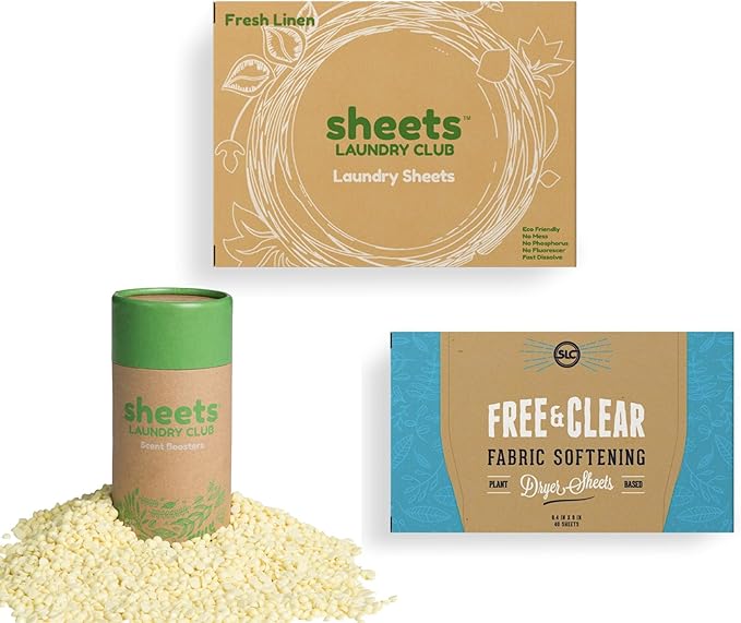 Sheets Laundry Club Bundle - 50 Pack (up to 100 loads) Fresh Linen Detergent Sheets, 40 Pack Free & Clear Dryer Sheets & 8 Oz. Sea Breeze Scent Booster - New Liquidless Technology