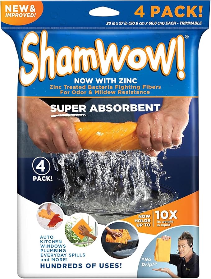 ShamWow Original Super Absorbent Multi-Purpose Cleaning Shammy Chamois Towel Cloth - Holds 10X its Weight in Liquid - Machine Washable - Will Not Scratch (4 Pack, Orange)