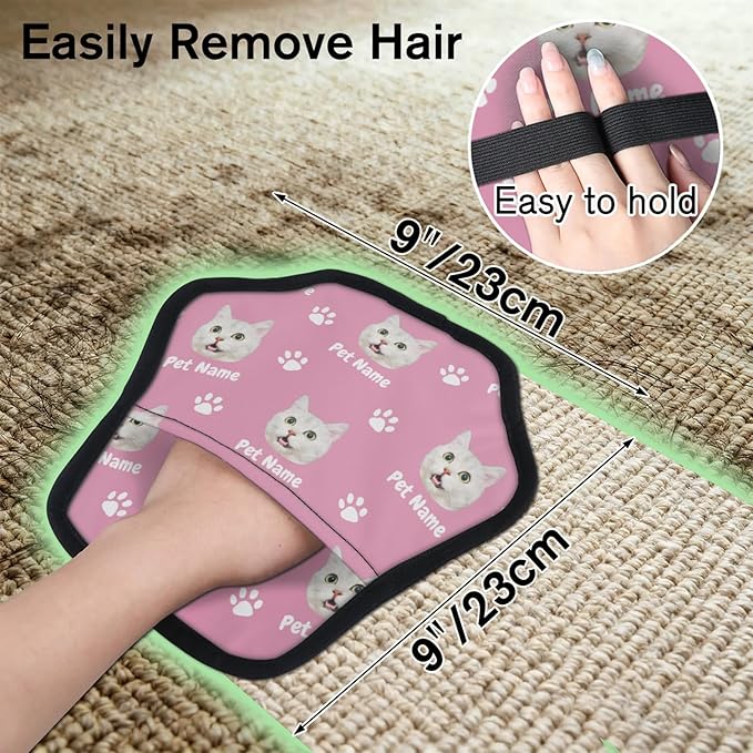 Personalized Pet Hair Remover Glove for Dogs & Cats - Custom Photo & Name Magic Brush for Dog Cat Hair Removal, Reusable Electrostatic Pet Hair Gloves for Furniture Carpet Couch, Face Paw Pink