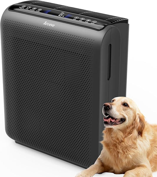 AROEVE Air Purifiers for Bedroom Home Large Room Up to 1504 Ft², 5 Layer Filter for Smoke Pollen Allergies Pet Dander Odor, Air Quality Monitor, Sleep Mode, Timer for Office, Dorm, Kitchen, MK07 Black