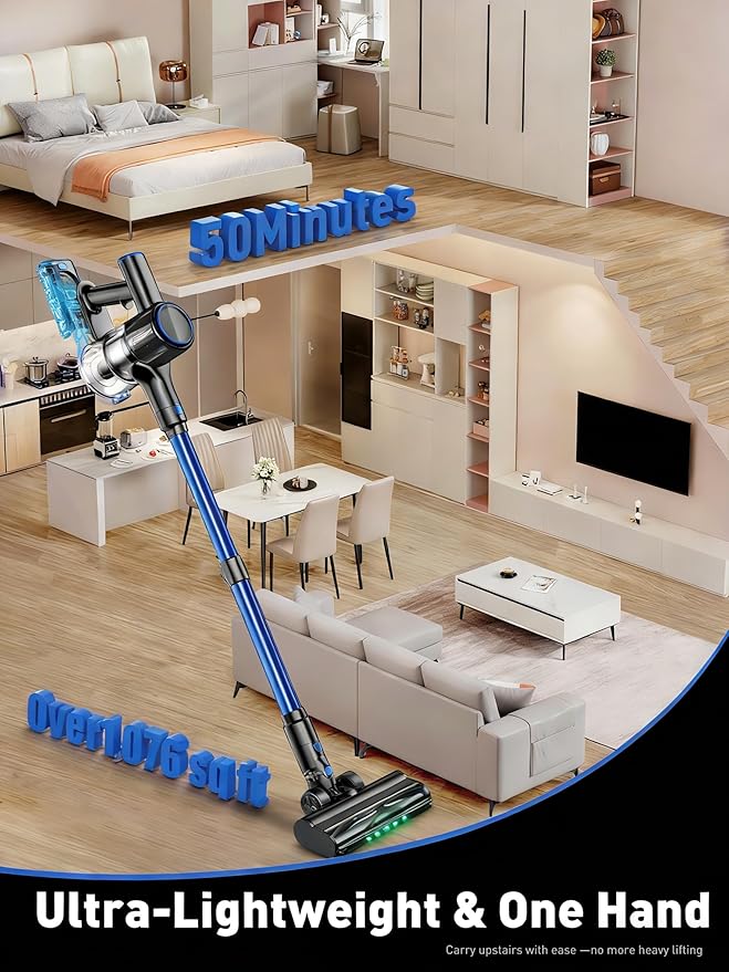 OUYFHK Cordless Vacuum Cleaner, 45000Pa/450W/50Mins Vacuum Cleaners for Home, 8-in-1 Stick Vacuum with LED Screen, Anti-Tangle, Lightweight Rechargeable Vacuum for Carpet Pet Hair Hardwood Floor Blue