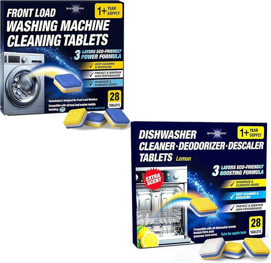 Washing Machine Cleaner Tablets Front Load 28 Pack & Dishwasher Cleaner Deodorizer Descaler Tablets 28 Pack Bundle - 1 Plus Year Supply - Septic Safe Eco Friendly Formula