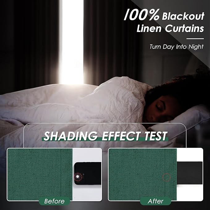 Nanspring Linen Texture Blackout Curtains 84 Inches Length 2 Panels Set Thermal Insulated Bedroom Drapes with Back Tab 100% Room Darkening Neutral Rustic Farmhouse Curtains in Dark Green 52X84
