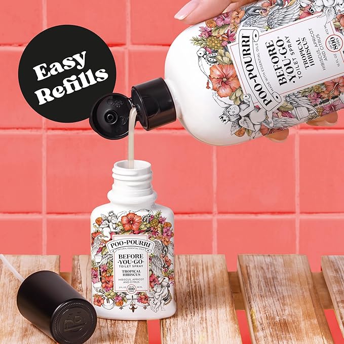 Poo-Pourri Before-You-Go Toilet Spray Refill, Tropical Hibiscus, 16 Fl Oz, Up to 800 Uses, Bathroom Odor Deodorizer with Essential Oils for Home or Work, Hibiscus, Apricot and Citrus Scent