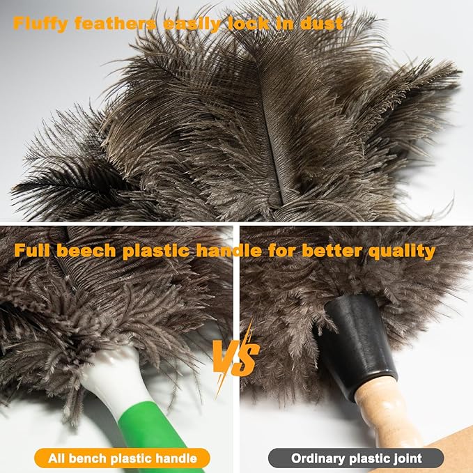 Lycbayn Genuine Ostrich Feather Duster 16 Inch Reusable Fluffy Soft Car Blind Baseboard Cleaner Handheld Dust Brush Washable for Home Office Cleaning Supplies