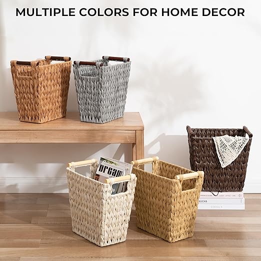 GRANNY SAYS Woven Waste Basket, Gray Wicker Basket with Wood Handles, Wicker Waste Basket for Bathroom Living Room, 1-Pack, 13" x 7 ½" x 12 ½"