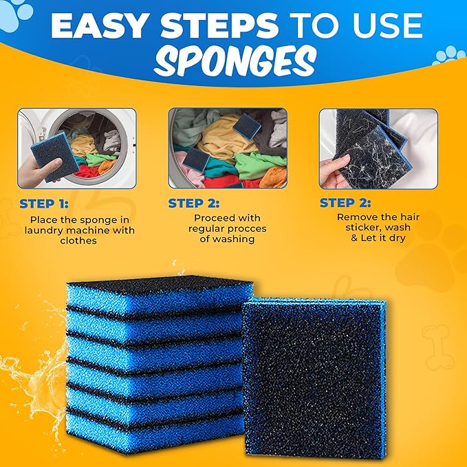 Pet Hair Remover for Laundry – 6 Reusable Fur Catching Sponges & Lint Roller Brush – Dog & Cat Hair Remover for Washer & Dryer – Multi-Purpose Laundry Set for Clothes & Bedding