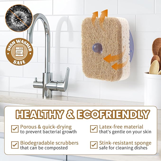 6pcs Scrub Sponges with Suction Cup Hook, Natural Kitchen Sponge, Biodegradable Compostable Cellulose and Coconut Non-Scratch Sponges, Cleaning Sponges for Dishes