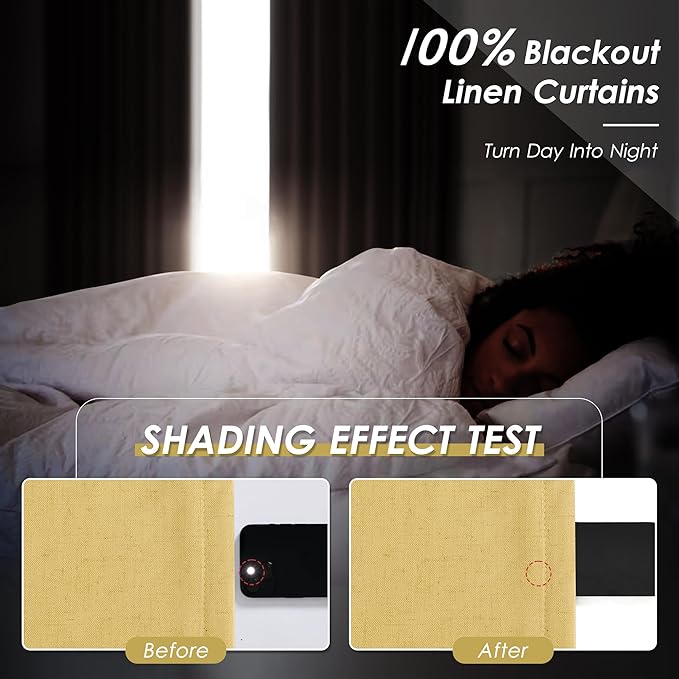 Gold Yellow Linen Curtains 120 Inches Long Back Tab Rod Pocket Thermal Insulated Noise Reducing Extra Long 10 FT Room Darkening 2 Panels Set for Living Room Elegant Modern Curtains Drapes 52x120